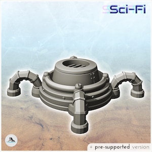 May include: A gray, circular, mechanical structure featuring a central raised platform with a grated top, surrounded by four curved, pipe-like legs extending outward. The text Sci-Fi is visible in the top right corner, and + pre-supported version is at the bottom.