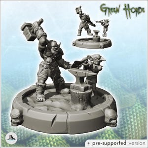 May include: A gray miniature set featuring an orc holding a hammer and a goblin working at an anvil on a circular base with skull accents. The text Green Horde is visible in the upper right corner, and the text + pre-supported version is at the bottom.