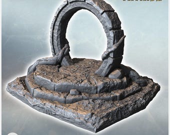 Magic stone gate with tree roots on stepped platform (3) - 3D Printable STL Wargaming Terrain for 15mm, 1/72, 28mm & 1/35