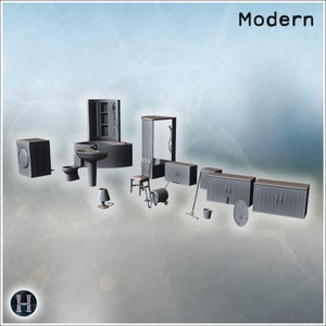 Bathroom set with washing machine, bathtub, sink, toilet, cabinets, and various accessories (15) - STL 3D Printing Modern Conflicts 20th 21s