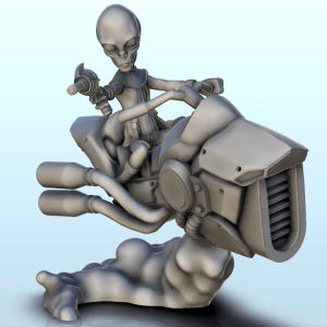 Alien on a jet engine vehicle with laser model (25) (+ pre-supported version & rounded base) - STL 3D Printing Science Fiction Future Space