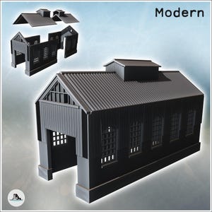 May include: A gray model building kit featuring a rectangular structure with a corrugated roof, a central roof monitor, and multiple grid-patterned windows. The kit includes separate wall and roof components shown in an exploded view.
