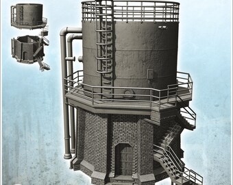 Round metal tank with pipes, access stairs and base platform in bricks (22) - 3D Printable STL Wargaming Terrain for 15mm, 1/72, 28mm & 1/35