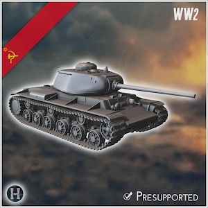 May include: A gray scale model of a World War II Soviet tank featuring a turret with a long barrel, a hull with detailed tracks, and multiple road wheels. The image includes the text WW2 and Presupported with a Soviet hammer and sickle icon.