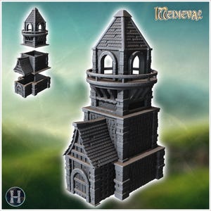 Stentorn med en sexkantig övre bro och detaljerade valv (21) - STL 3D-utskrift Medeltida traditionell historisk by