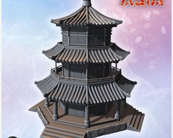 Octagonal two-stories pagoda with columns 18 - 3D Printable STL Wargaming Terrain for 15mm, 1/72, 28mm & 1/35