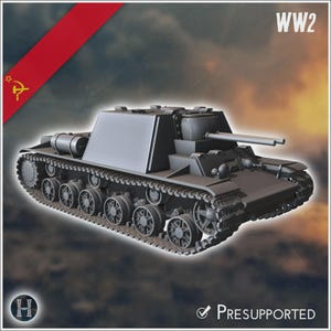 May include: A gray scale model of a Soviet World War II tank featuring a prominent turret, a long barrel, and detailed caterpillar tracks. The image includes the text WW2 in the top right corner and the word PRESUPPORTED in the bottom right.