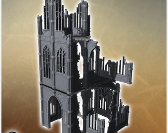 Large damaged building facade with multiple gothic arches and broken architectural elements throughout (18) - STL 3D Printing Science Fictio