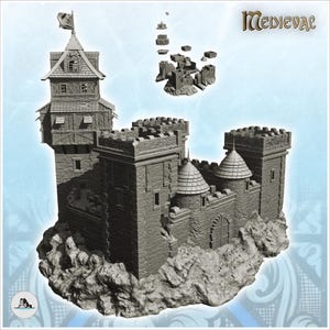 May include: A gray 3D printed model of a medieval castle featuring a tall tower with a flag, crenelated walls, and two conical roof turrets. The structure is mounted on a rocky base, with smaller modular components floating above the main castle.