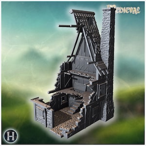 May include: A gray miniature model of a ruined building with a tall stone chimney, exposed wooden floor beams, and a partially collapsed roof structure. The structure features stone walls, a staircase, and the word MEDIEVAL printed at the top right.