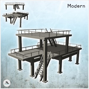 Plate-forme industrielle en métal moderne avec étage et escaliers (32) - Décors de Wargame STL pour 15mm, 1/72, 28mm & 1/35