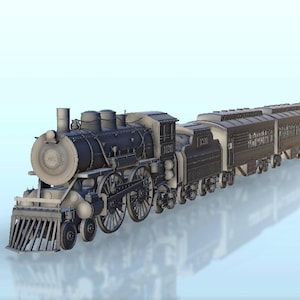 May include: A matte grey model steam locomotive with a cowcatcher, large spoked wheels, and a detailed boiler, followed by two connected passenger carriages. The engine features the number 1030 on the side of the cab and the front of the boiler.