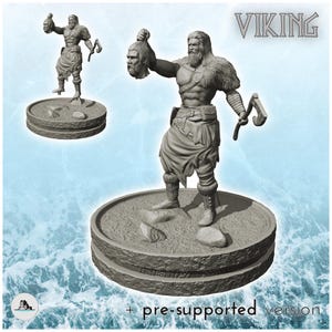 Bare-chested viking warrior with axe and severed head (2) - STL 3D Printing Viking Scandinavian Norse Mythology