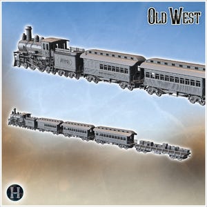 May include: A grey model train set featuring a steam locomotive with the text JUPITER on the side, followed by two passenger cars and a flatbed cargo car carrying various crates and barrels. The words OLD WEST appear in the top right corner.