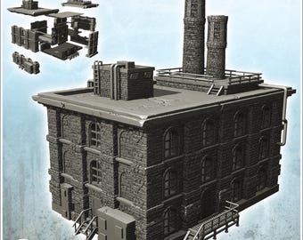 Large modern brick industrial factory with flat roof with double chimney and access stairs (28) - 3D Printable STL Wargaming Terrain for 15m