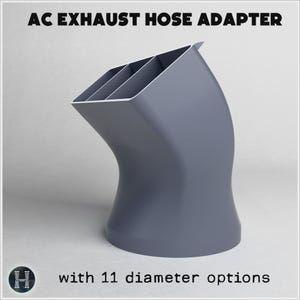 Puede incluir: Un adaptador de manguera de escape para aire acondicionado de color gris con un diseño curvo y angulado, que presenta una abertura rectangular dividida en tres secciones. El texto AC EXHAUST HOSE ADAPTER y with 11 diameter options aparece impreso.