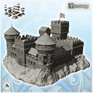 May include: A gray 3D model of a stone castle with a flag on the tallest tower, featuring circular towers with conical roofs, crenellated walls, and a gatehouse, set on a rocky base with a small collection of additional building components shown above.