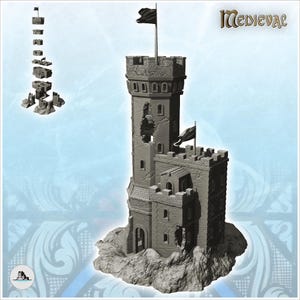 May include: A gray, modular stone castle tower model featuring battlements, a large breach in the wall, and two flags. The structure is built on a rocky base and includes a smaller, exploded-view diagram showing the stackable components.