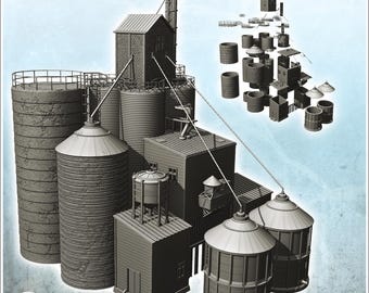 Large modern industrial facility with multiple silos with storage tanks and buildings (27) - 3D Printable STL Wargaming Terrain for 15mm, 1/