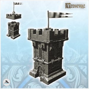 Torre medieval cuadrada de piedra con almenas y bandera ondeando (21) - Impresión 3D STL Pueblo histórico tradicional medieval