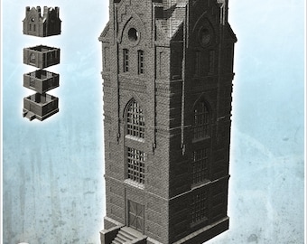 Large modern industrial brick tower with access staircase and gothic shaped windows (25) - 3D Printable STL Wargaming Terrain for 15mm, 1/72