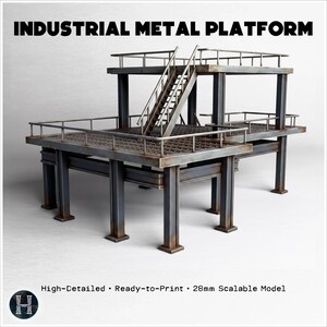 Plate-forme industrielle en métal moderne avec étage et escaliers (32) - Décors de Wargame STL pour 15mm, 1/72, 28mm & 1/35