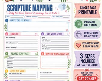 May include: A Scripture Mapping printable worksheet featuring sections for date, reference, translation, context, key word study, related scriptures, application, and prayer. The design includes colorful headers, floral accents, and text labels.
