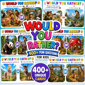 May include: A collection of Would You Rather game cards for kids featuring 400+ fun questions. Each card displays colourful illustrations of scenarios like visiting a farm or zoo, becoming a photographer or explorer, and living in a pumpkin or apple house.