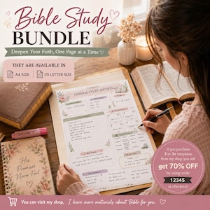 Könnte beinhalten: Eine Vorlage für ein Bibelstudien-Paket mit einem allgemeinen Studienbereich, der Felder für Schriftstellen, Schlüsselverse und Reflexionen enthält. Das Dokument ist mit floralen Akzenten versehen und in den Formaten A4 und US Letter erhältlich.