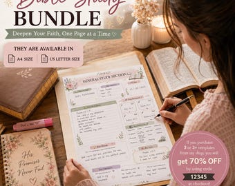 Puede incluir: Una plantilla de paquete de estudio bíblico que incluye una sección de estudio general con campos para escrituras, versículos clave y reflexiones. El documento presenta detalles florales y está disponible en tamaños A4 y US Letter junto a un cuaderno.