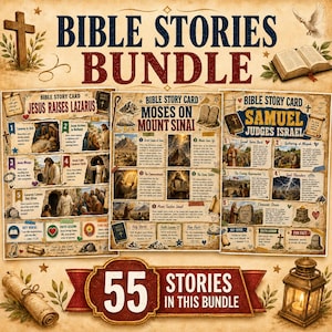 Op de afbeelding: Een Bijbelverhalenbundel met drie geïllustreerde kaarten getiteld Jesus Raises Lazarus, Moses on Mount Sinai en Samuel Judges Israel. De collectie bevat 55 verhalen met tekst, genummerde stappen, kernverzen, geloofslessen en leuke weetjes.