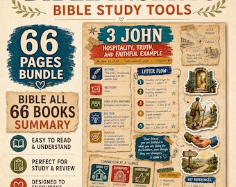 May include: A 66-page Bible study bundle insert featuring a summary of 3 John. The document includes sections on author, recipient, letter flow, and key themes, with illustrations of a map, a doorway, a person walking, and a handshake.