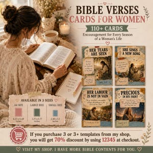 Puede incluir: Un conjunto de más de 110 tarjetas de versículos bíblicos con cuatro diseños distintos, ilustraciones y textos como Her Tears Are Seen, She Sings A New Song, Her Labour Is Not In Vain y Precious In His Sight, disponibles en tamaños de 21,0 x 29,7 cm.