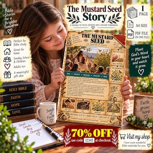 Puede incluir: Un póster educativo impreso titulado The Mustard Seed Story, que presenta una ilustración central de una escena bíblica, extractos de textos de Mateo, Marcos y Lucas, e imágenes pequeñas de semillas, tierra, ramas y pájaros sobre un fondo de pergamino.