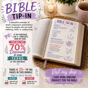 May include: A Bible tip-in template page featuring purple and teal text with floral accents. The page includes sections titled Definition, Key Scriptures, What Does God Say, How Can I Apply This, and Prayer, alongside a 70% discount offer for shop items.