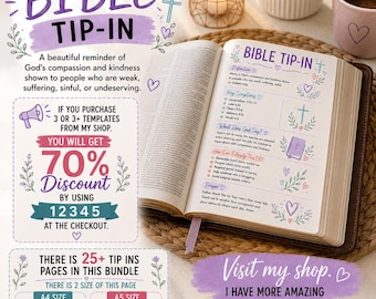 Pode incluir: Uma página de modelo Bible tip-in com texto roxo e azul-petróleo e detalhes florais. A página inclui seções intituladas Definition, Key Scriptures, What Does God Say, How Can I Apply This e Prayer, juntamente com uma oferta de desconto.