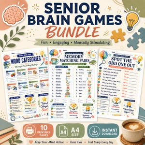 Puede incluir: Un paquete de juegos mentales para personas mayores imprimibles que incluye tres hojas de actividades tituladas Word Categories, Memory Matching Pairs y Spot the Odd One Out. Las páginas incluyen ilustraciones coloridas de cerebros.