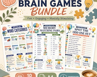 Puede incluir: Un paquete de juegos mentales para personas mayores imprimibles que incluye tres hojas de actividades tituladas Word Categories, Memory Matching Pairs y Spot the Odd One Out. Las páginas incluyen ilustraciones coloridas de cerebros.