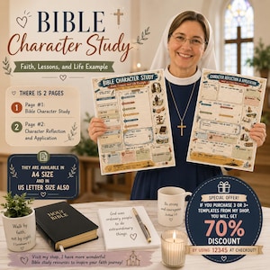 May include: A Bible Character Study printable set featuring two pages: a study guide and a reflection sheet. Includes text about A4 and US Letter sizes, a 70% discount offer with code 12345, and inspirational quotes on a mug and notebook.