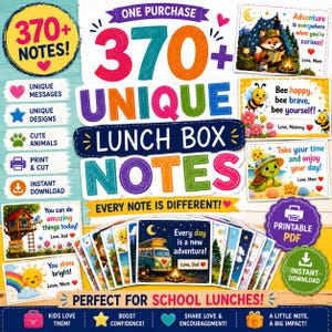 Peut inclure: Une collection numérique de plus de 370 notes de boîte à lunch uniques avec des illustrations colorées d'animaux, de nature et de messages encourageants. L'ensemble comprend des fichiers PDF imprimables avec divers motifs comme un renard, une abeille, une tortue et un van.