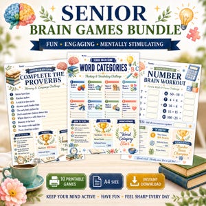 May include: A printable senior brain games bundle featuring three activity sheets titled Complete the Proverbs, Word Categories, and Number Brain Workout. The pages include colorful illustrations of brains, lightbulbs, books, and trophies.