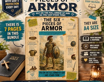 Può includere: Una stampa digitale intitolata The Six Pieces of Armor con un'illustrazione di un soldato romano e sei sezioni numerate che descrivono i componenti dell'armatura biblica con riferimenti alle scritture. Il documento A4 include testo e icone.