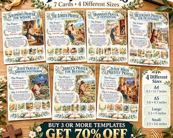 Può includere: Un set di sette carte di preghiera con temi biblici come la preghiera di Salomone e il Padre Nostro, con testo che descrive le preghiere e il loro significato. Include una guida alle dimensioni A4, A5, large e small.