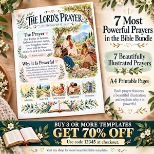 May include: A printable A4 page titled The Lord's Prayer featuring an illustration of Jesus with disciples, text excerpts from Matthew 6:9-13, and icons representing adoration, God's will, daily provision, forgiveness, and protection.