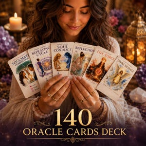 Pode incluir: Um baralho de 140 cartas oráculo com cartas ilustradas que incluem títulos como Soulmate Connection, Repeating Cycle, Soul Contract, Reflection, Life Force e Divine Message, exibidas em leque com ilustrações e texto detalhados.