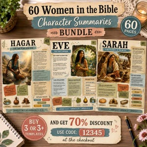 May include: A digital bundle of 60 printable pages featuring character summaries of women in the Bible. The sheets include illustrations of Hagar, Eve, and Sarah, with text detailing their stories, life applications, and notable traits.