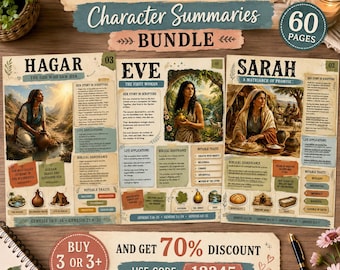 May include: A digital bundle of 60 printable pages featuring character summaries of women in the Bible. The sheets include illustrations of Hagar, Eve, and Sarah, with text detailing their stories, life applications, and notable traits.