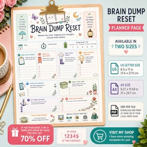 May include: A Brain Dump Reset planner page on a clipboard with sections for tasks, notes, and energy levels. The page features colorful illustrations of a butterfly, moon, lantern, and plants. It lists US Letter size as 8.5 x 11 inches.