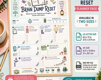 May include: A Brain Dump Reset planner page on a clipboard with sections for tasks, notes, and energy levels. The page features colorful illustrations of a butterfly, moon, lantern, and plants. It lists US Letter size as 8.5 x 11 inches.