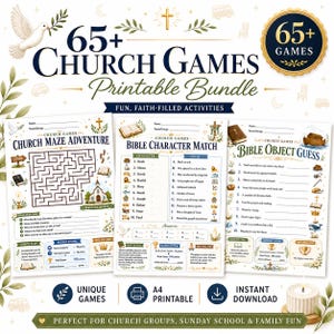 May include: A printable bundle of 65+ church games featuring three activity sheets titled Church Maze Adventure, Bible Character Match, and Bible Object Guess. The pages include illustrations of a dove, a church, a cross, and biblical icons.